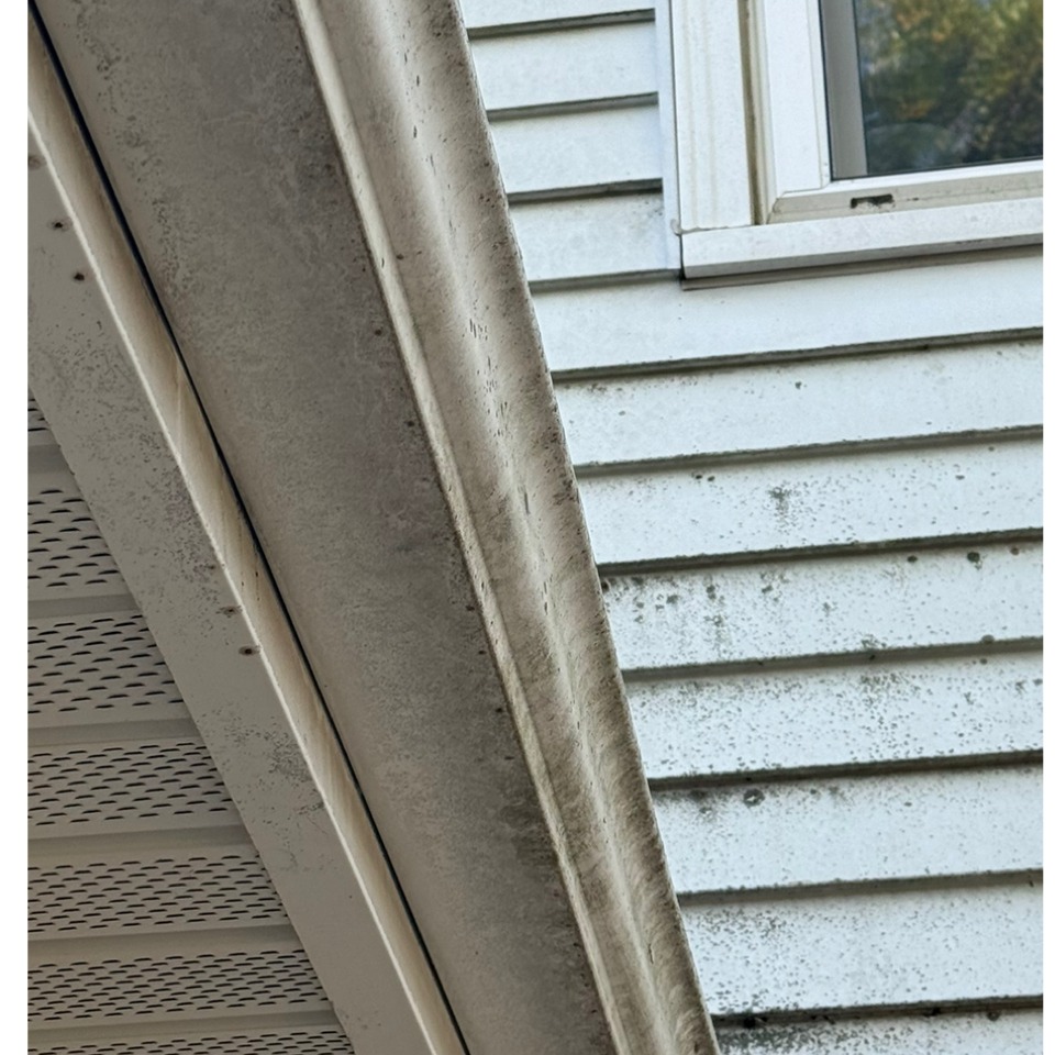 A Des Moines home's siding covered in algae and grime, then clean and bright after a professional soft wash — before